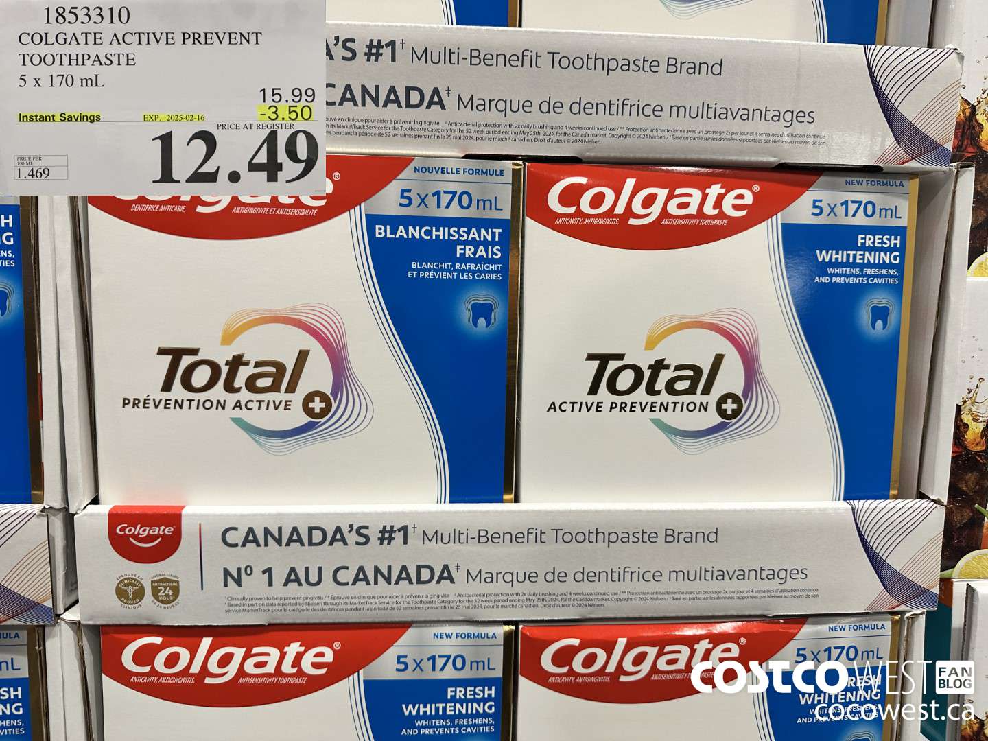 1853310 COLGATE ACTIVE PREVENT TOOTHPASTE 5 X 170ML ($3.50 INSTANT SAVINGS EXPIRES ON 2025-02-16) $12.49