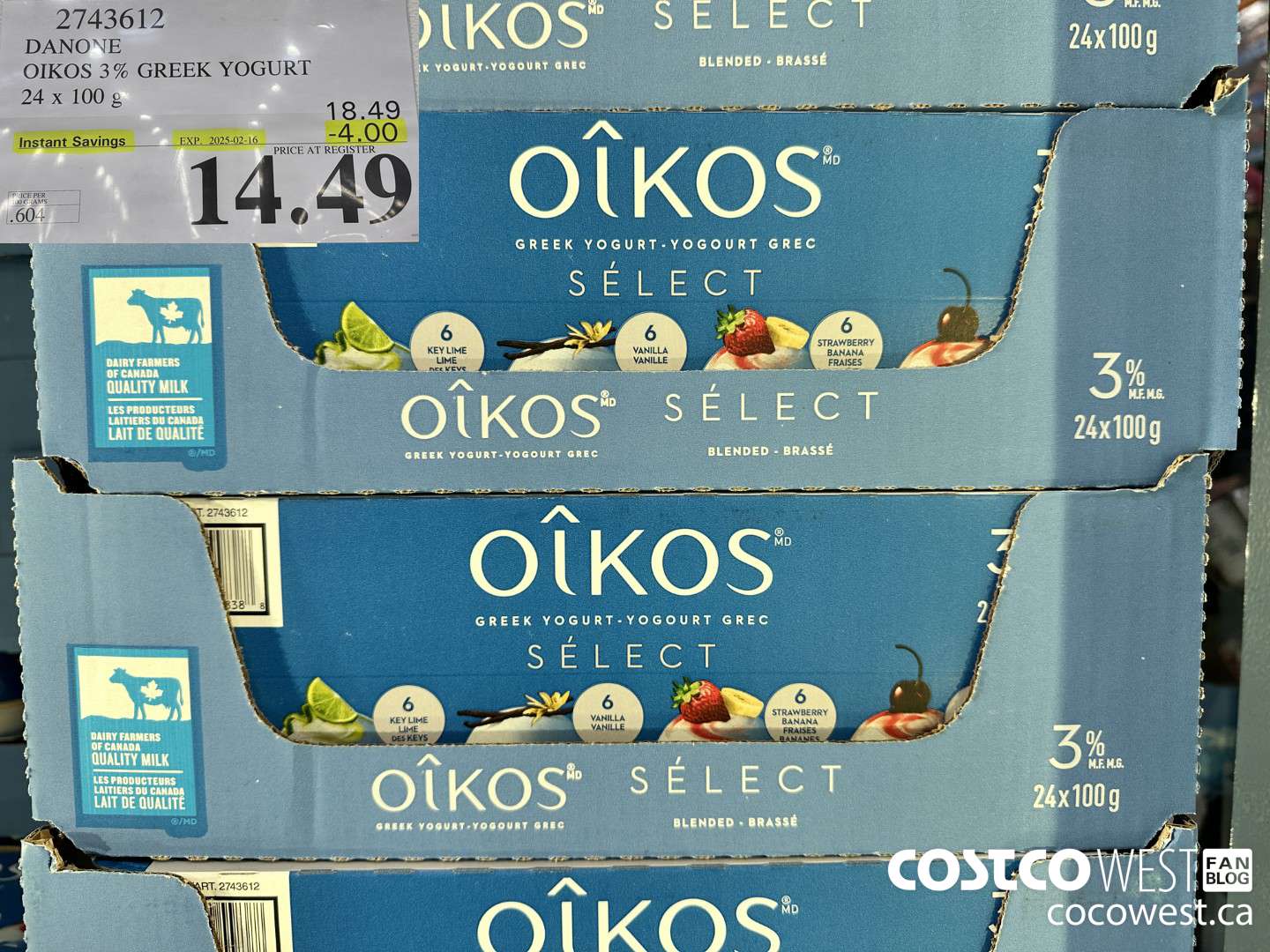 2743612 DANONE OIKOS 3% GREEK YOGURT 24 X 100 G ($4.00 INSTANT SAVINGS EXPIRES ON 2025-02-16) $14.49