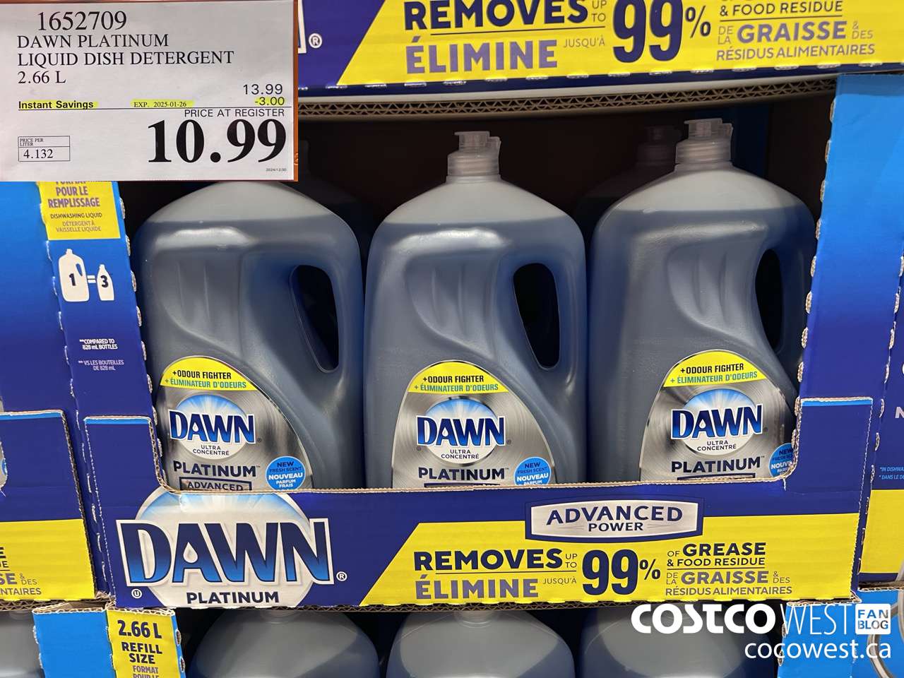 1652709 DAWN PLATINUM LIQUID DISH DETERGENT 2.66L ($3.00 INSTANT SAVINGS EXPIRES ON 2025-01-26) $10.99