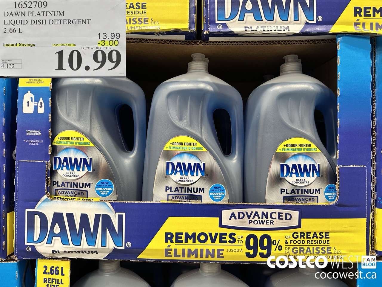 1652709 DAWN PLATINUM LIQUID DISH DETERGENT 2.66L ($3.00 INSTANT SAVINGS EXPIRES ON 2025-01-26) $10.99