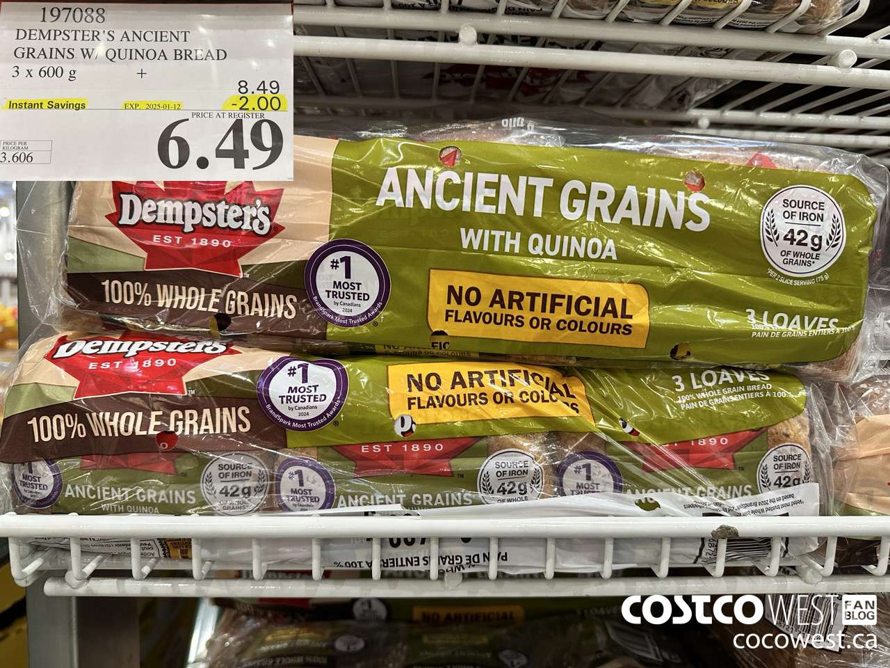 197088 DEMPSTER'S ANCIENT GRAINS W/ QUINOA BREAD 3 x 600 g ($2.00 INSTANT SAVINGS EXPIRES ON 2025-01-12) $6.49
