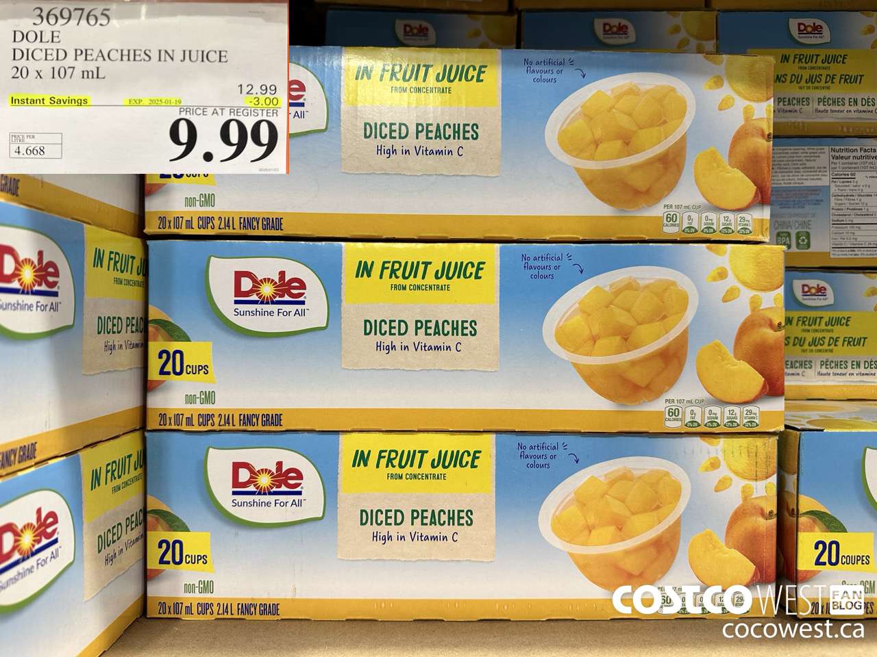 369765 DOLE DICED PEACHES IN JUICE 20 X 107ML ($3.00 INSTANT SAVINGS EXPIRES ON 2025-01-19) $9.99