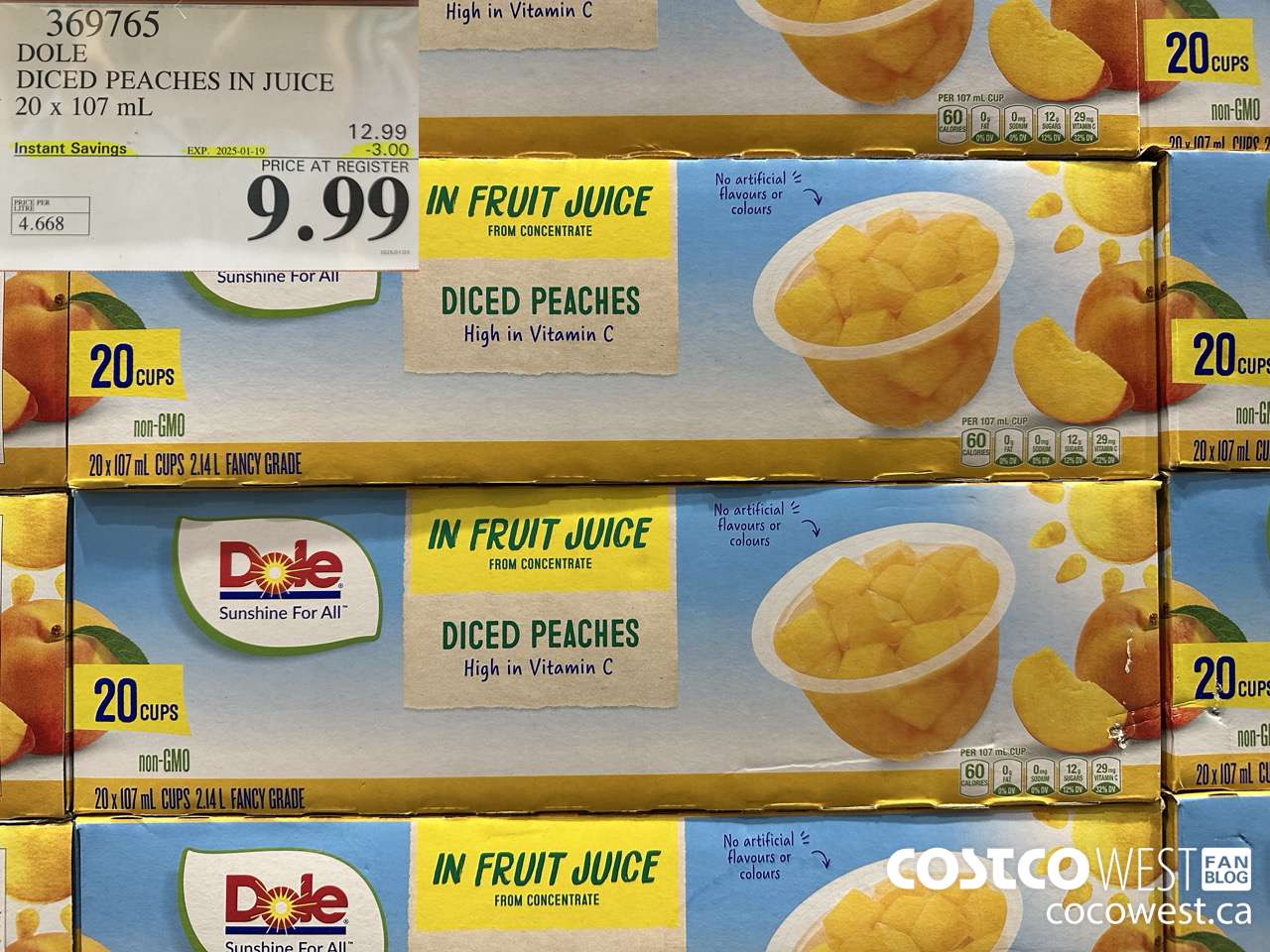 369765 DOLE DICED PEACHES IN JUICE 20 X 107ML ($3.00 INSTANT SAVINGS EXPIRES ON 2025-01-19) $9.99