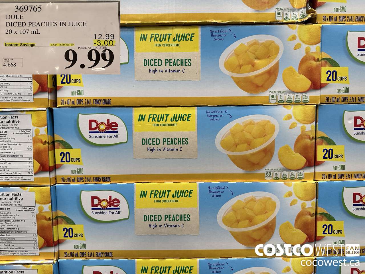 369765 DOLE DICED PEACHES IN JUICE 20 X 107ML ($3.00 INSTANT SAVINGS EXPIRES ON 2025-01-19) $9.99