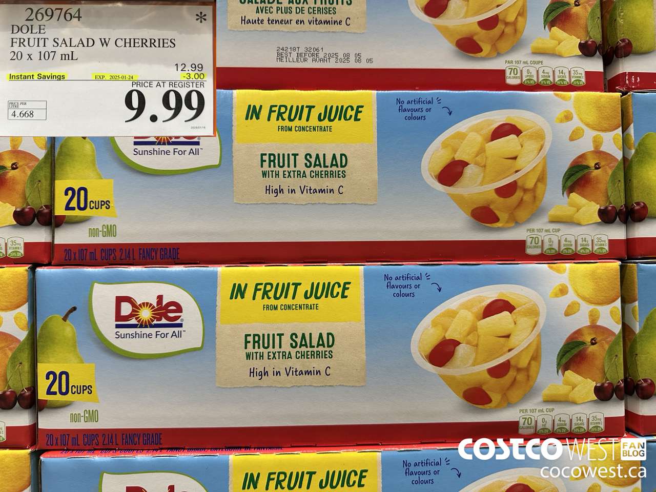 269764 DOLE FRUIT SALAD W CHERRIES 20 x 107 mL ($3.00 INSTANT SAVINGS EXPIRES ON 2025-01-24) $9.99