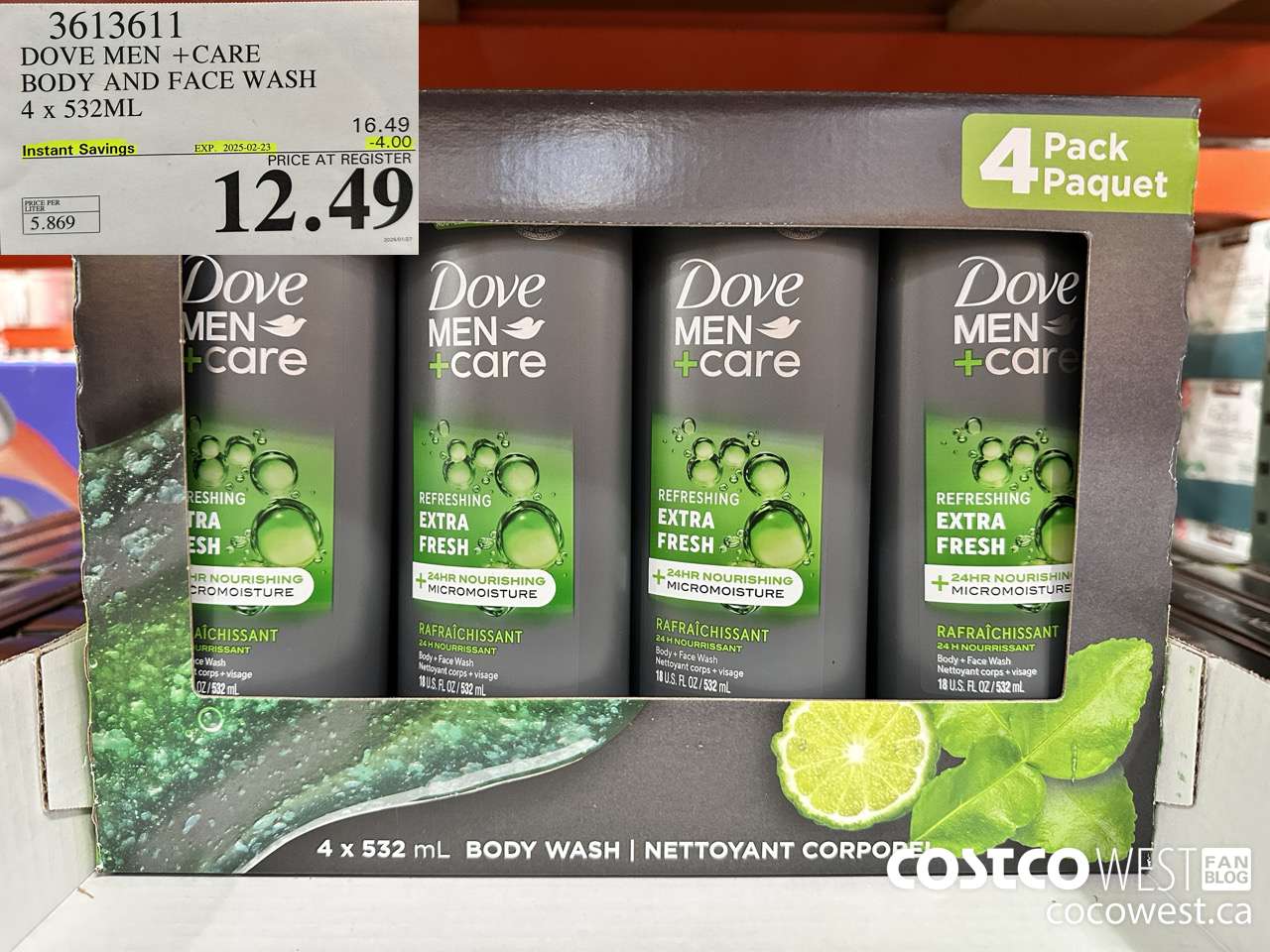 3613611 DOVE MEN +CARE BODY AND FACE WASH 4 X 532ML ($4.00 INSTANT SAVINGS EXPIRES ON 2025-02-23) $12.49