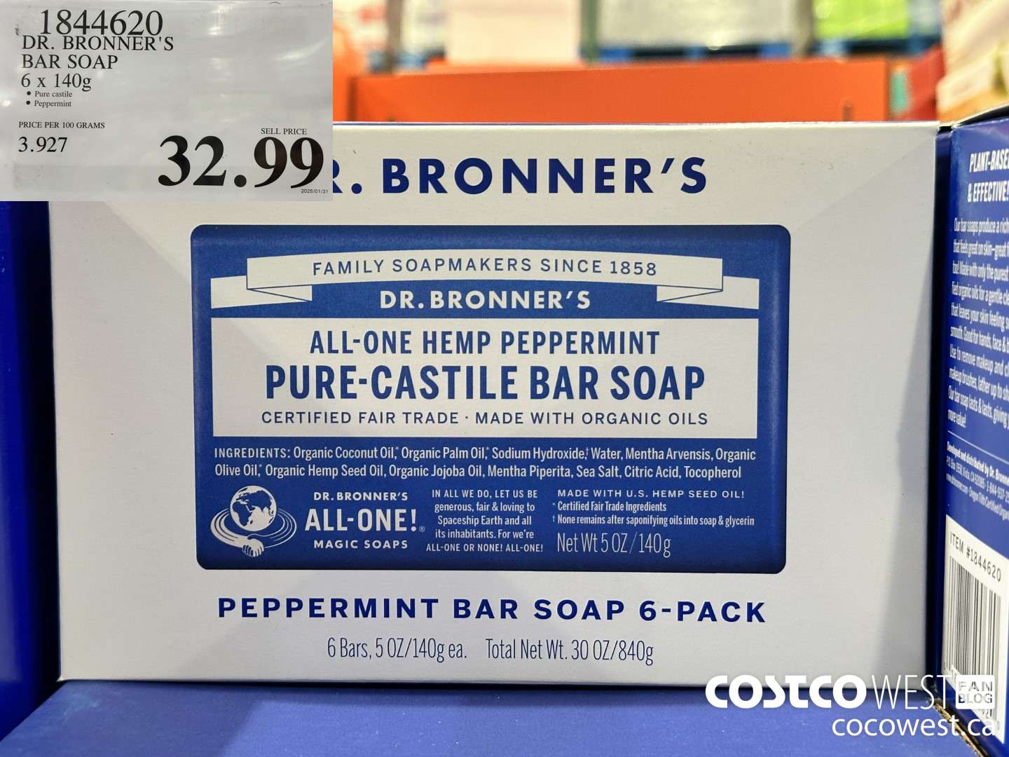 1844620 DR. BRONNER'S BAR SOAP 6 X 140G $32.99