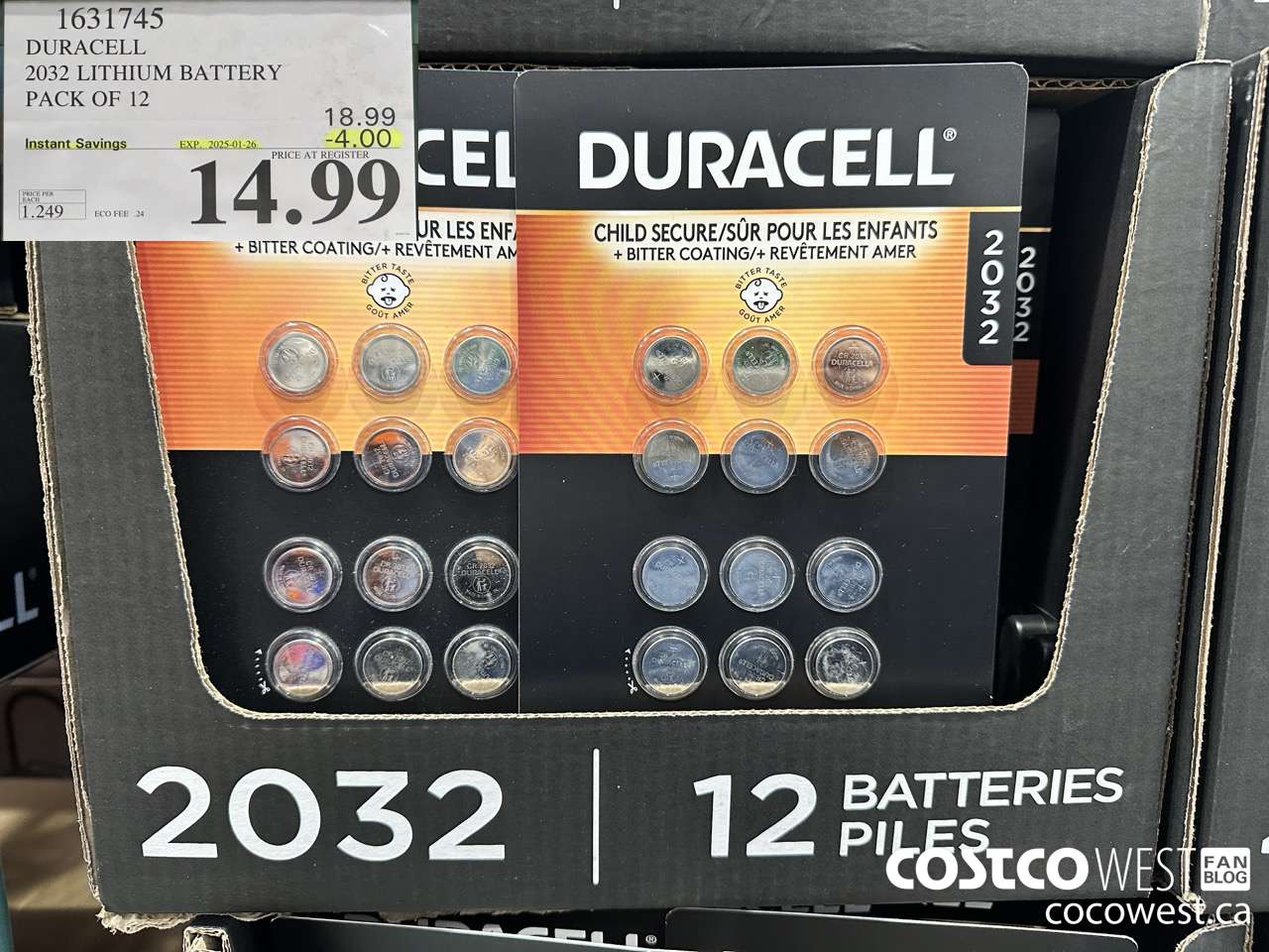 1631745 DURACELL 2032 LITHIUM BATTERY PACK OF 12 ($4.00 INSTANT SAVINGS EXPIRES ON 2025-01-26) $14.99