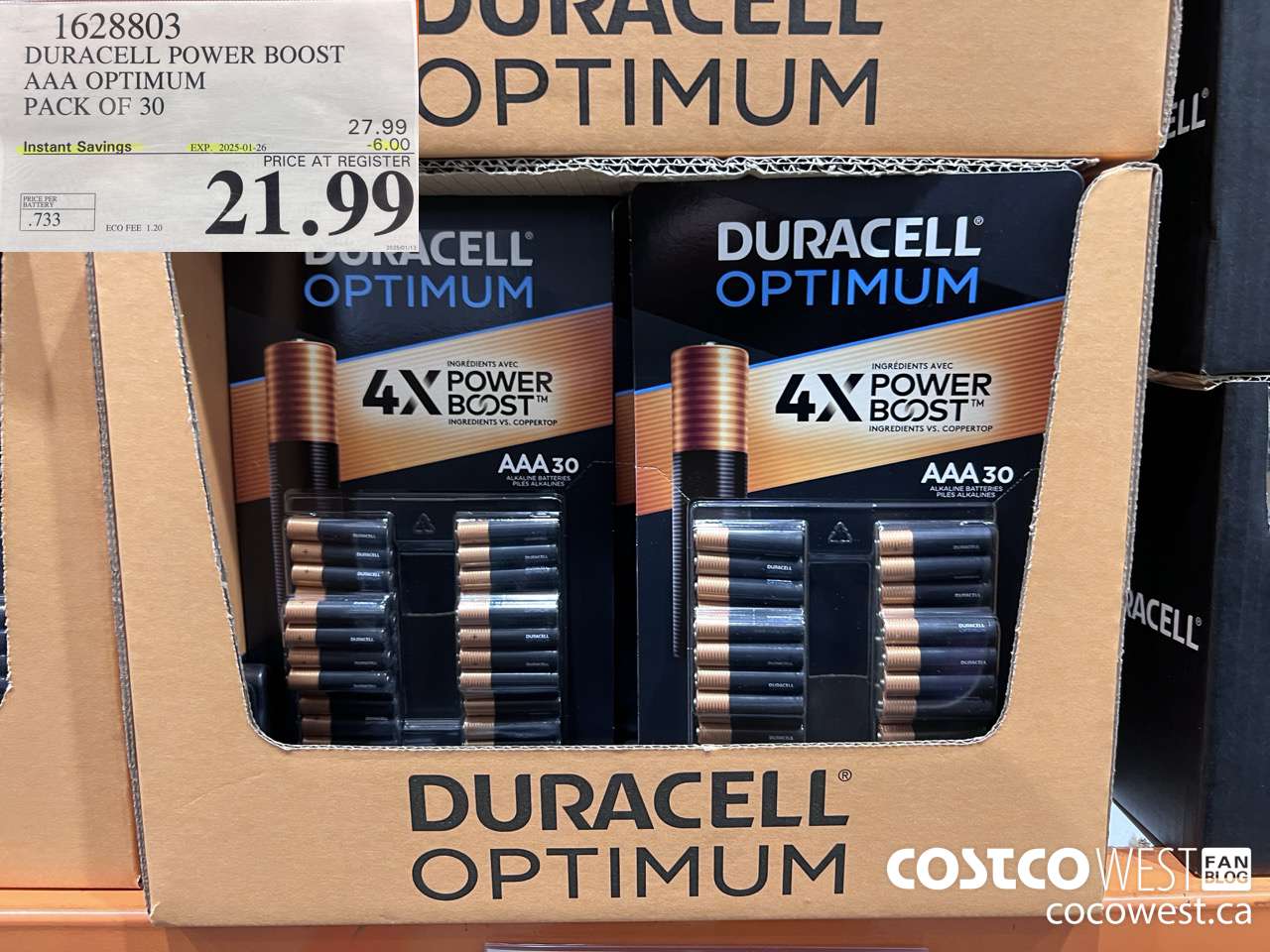 1628803 DURACELL POWER BOOST AAA OPTIMUM PACK OF 30 ($6.00 INSTANT SAVINGS EXPIRES ON 2025-01-26) $21.99