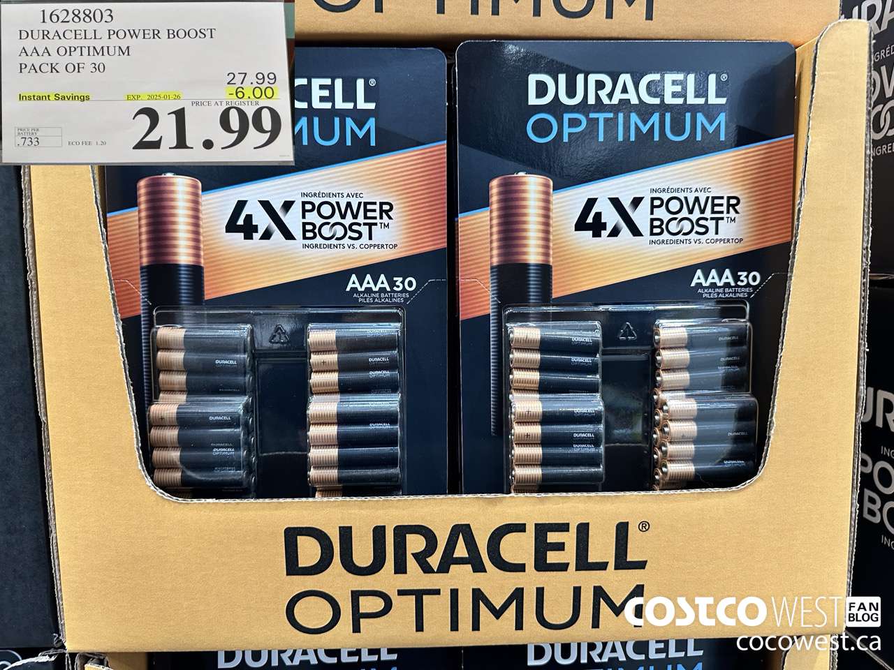 1628803 DURACELL POWER BOOST AAA OPTIMUM PACK OF 30 ($6.00 INSTANT SAVINGS EXPIRES ON 2025-01-26) $21.99