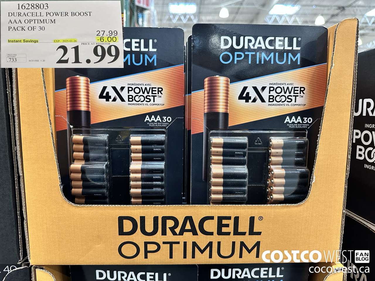 1628803 DURACELL POWER BOOST AAA OPTIMUM PACK OF 30 ($6.00 INSTANT SAVINGS EXPIRES ON 2025-01-26) $21.99