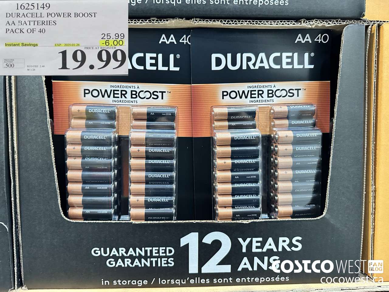 1625149 DURACELL POWER BOOST AA BATTERIES PACK OF 40 ($6.00 INSTANT SAVINGS EXPIRES ON 2025-01-26) $19.99