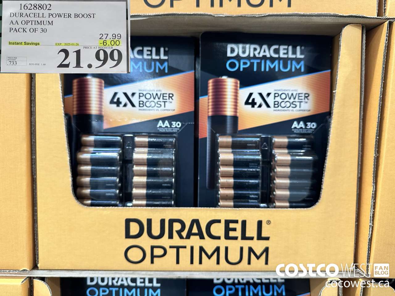 1628802 DURACELL POWER BOOST AA OPTIMUM PACK OF 30 ($6.00 INSTANT SAVINGS EXPIRES ON 2025-01-26) $21.99