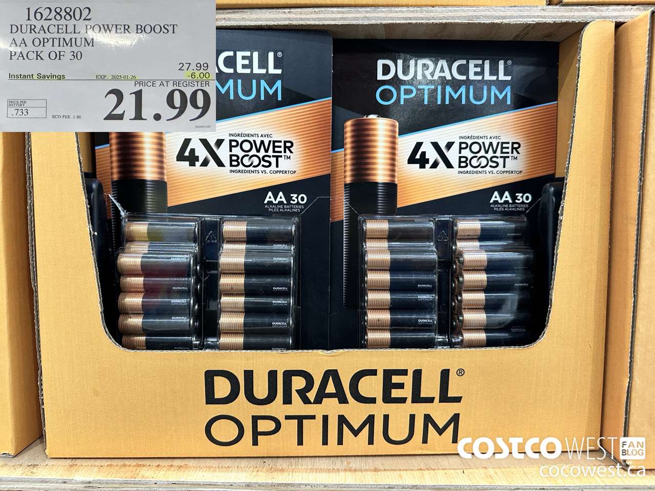 1628802 DURACELL POWER BOOST AA OPTIMUM PACK OF 30 ($6.00 INSTANT SAVINGS EXPIRES ON 2025-01-26) $21.99