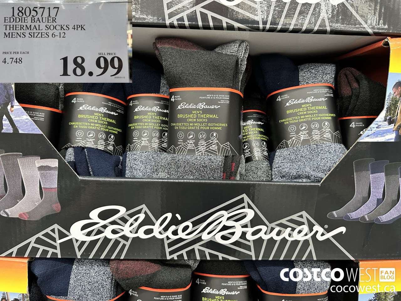 1805717 EDDIE BAUER THERMAL SOCKS 4PK MENS SIZES 6-12 $18.99