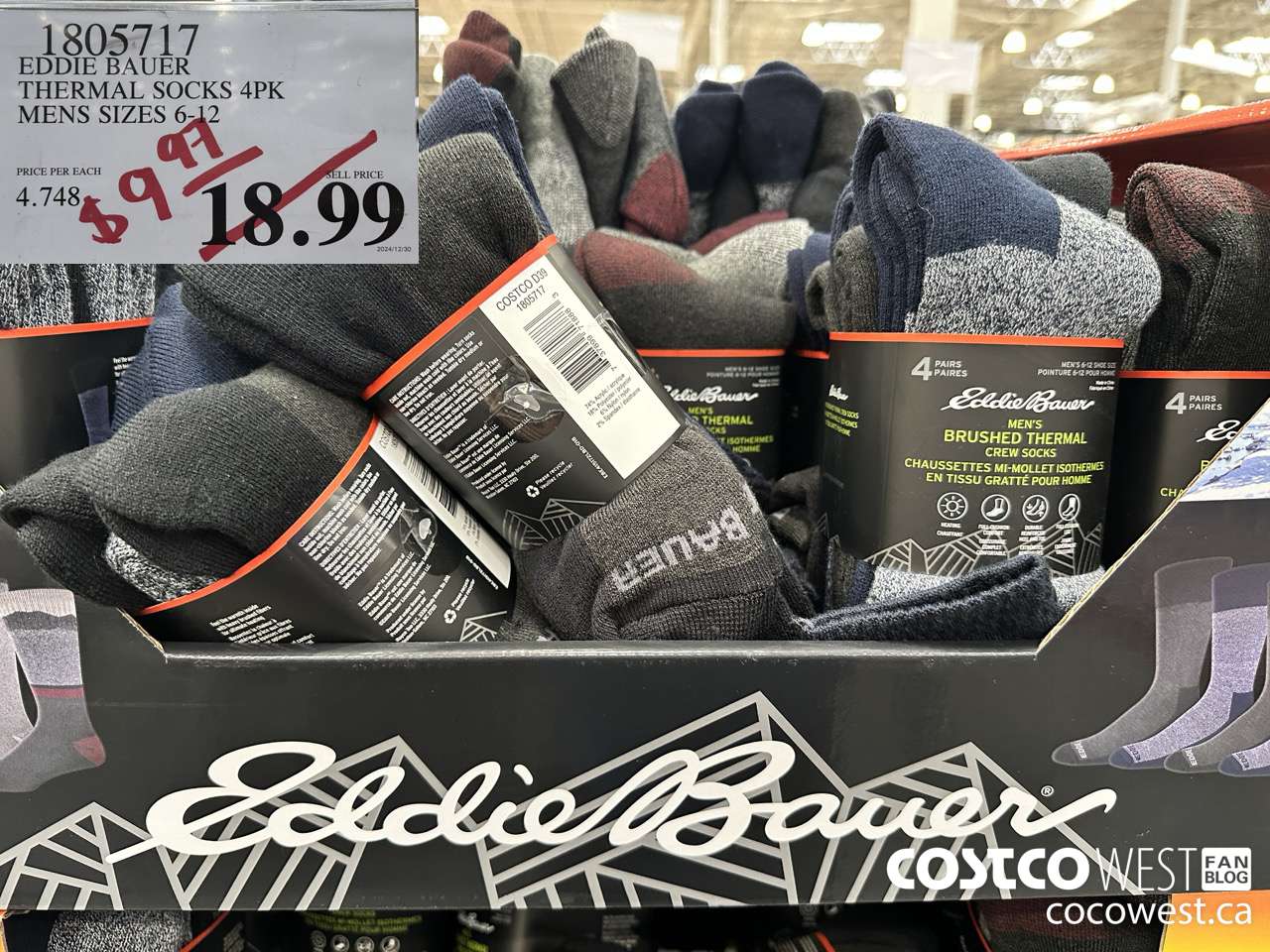 1805717 EDDIE BAUER THERMAL SOCKS 4PK MENS SIZES 6-12 $9.97