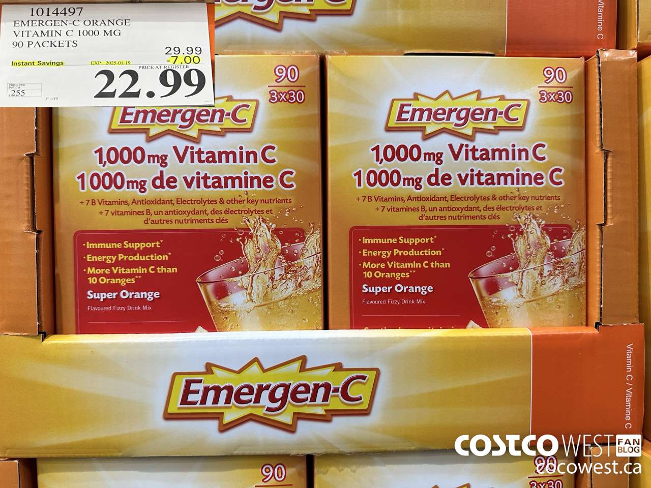 1014497 EMERGEN-C ORANGE VITAMIN C 1000 MG 90 PACKETS ($7.00 INSTANT SAVINGS EXPIRES ON 2025-01-19) $22.99