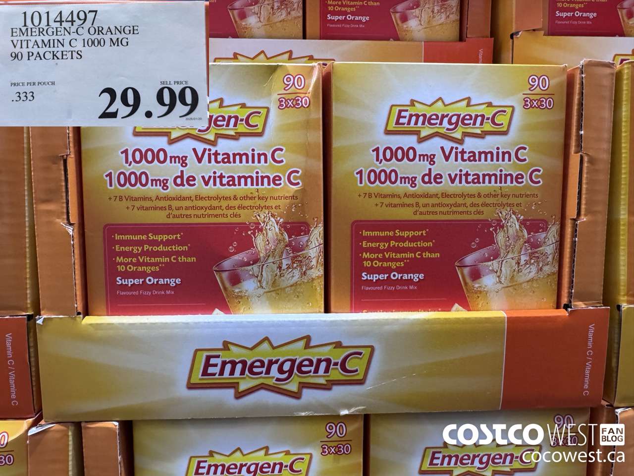 1014497 EMERGEN-C ORANGE VITAMIN C 1000 MG 90 PACKETS $29.99