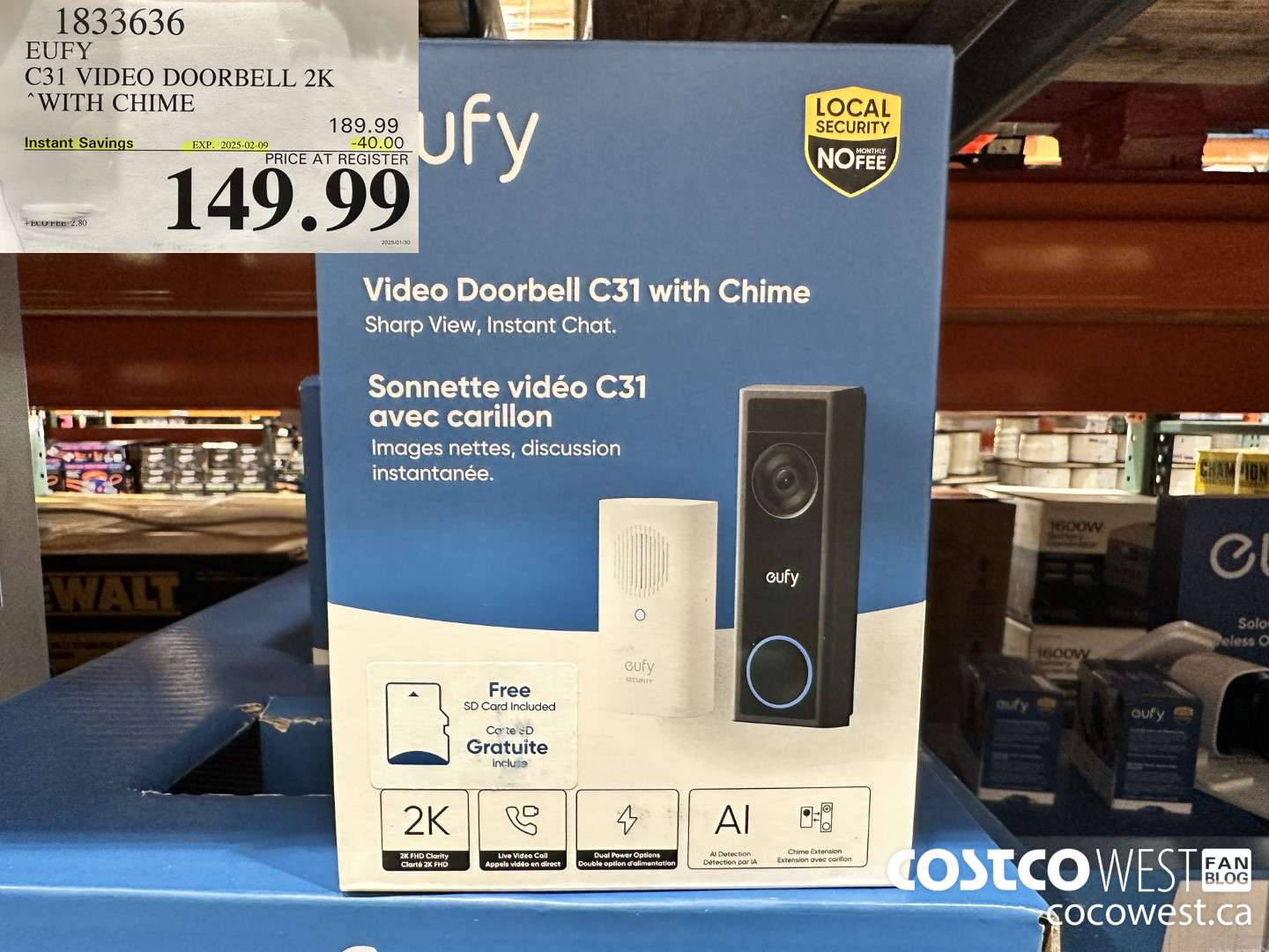 1833636 EUFY C31 VIDEO DOORBELL 2K WITH CHIME ($40.00 INSTANT SAVINGS EXPIRES ON 2025-02-09) $149.99