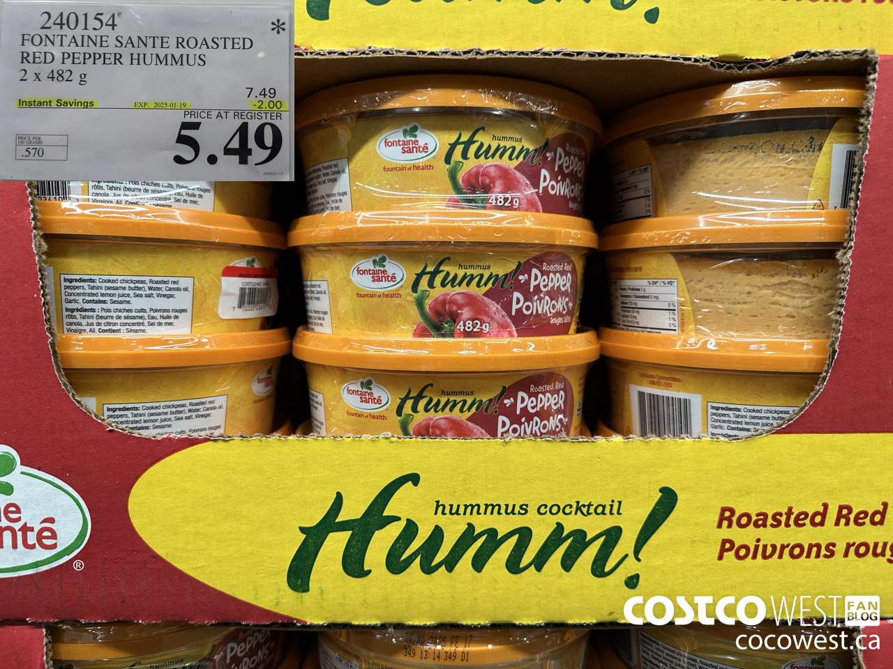 240154 FONTAINE SANTE ROASTED RED PEPPER HUMMUS 2 X 482 G ($2.00 INSTANT SAVINGS EXPIRES ON 2025-01-19) $5.49