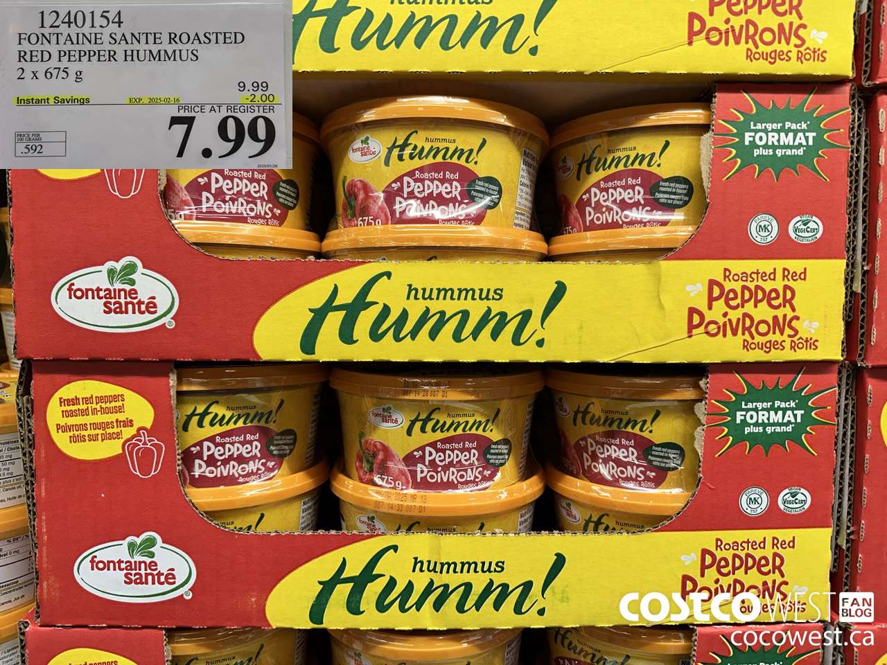 1240154 FONTAINE SANTE ROASTED RED PEPPER HUMMUS 2 X 675G ($2.00 INSTANT SAVINGS EXPIRES ON 2025-02-16) $7.99
