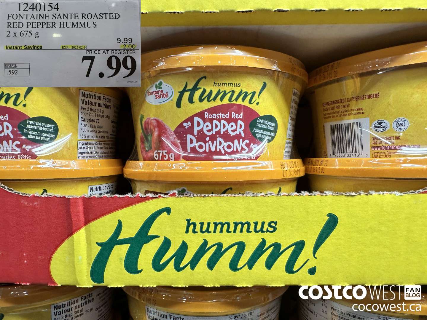 1240154 FONTAINE SANTE ROASTED RED PEPPER HUMMUS 2 X 675G ($2.00 INSTANT SAVINGS EXPIRES ON 2025-02-16) $7.99