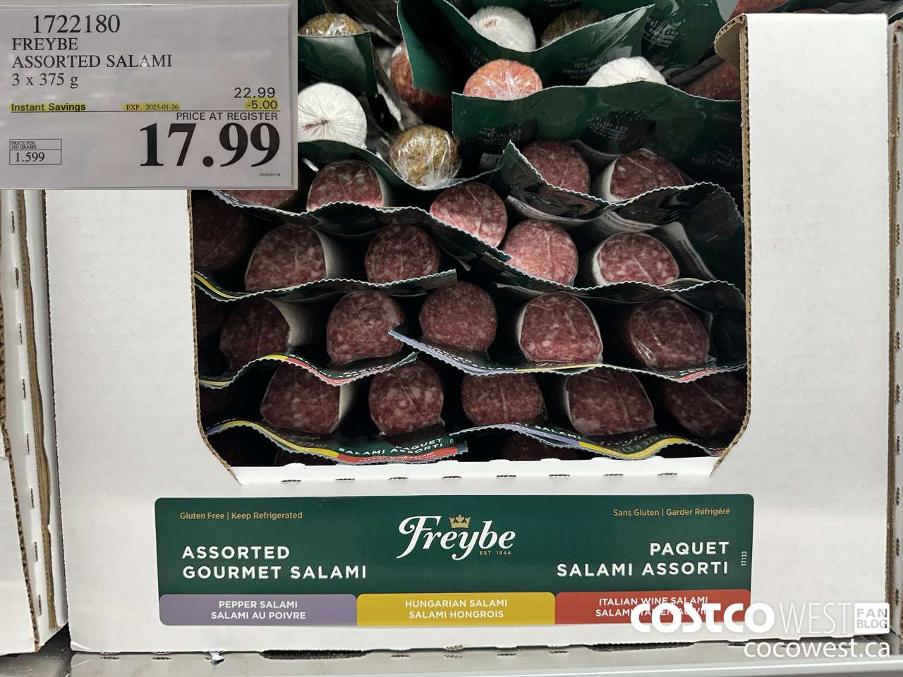 1722180 FREYBE ASSORTED SALAMI 3 x 375 g ($5.00 INSTANT SAVINGS EXPIRES ON 2025-01-26) $17.99