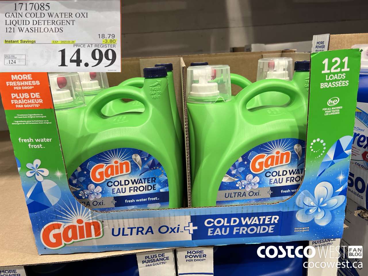 1717085 GAIN COLD WATER OXI LIQUID DETERGENT 121 WASHLOADS ($3.80 INSTANT SAVINGS EXPIRES ON 2025-01-26) $14.99