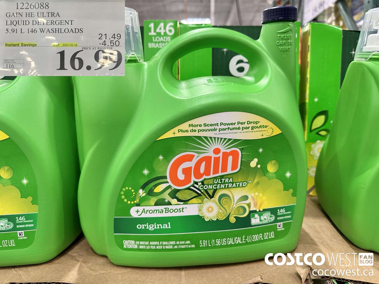 1226088 GAIN HE ULTRA LIQUID DETERGENT 5.91 L 146 WASHLOADS ($4.50 INSTANT SAVINGS EXPIRES ON 2025-02-16) $16.99