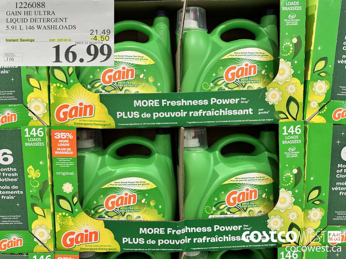 1226088 GAIN HE ULTRA LIQUID DETERGENT 5.91 L 146 WASHLOADS ($4.50 INSTANT SAVINGS EXPIRES ON 2025-02-16) $16.99