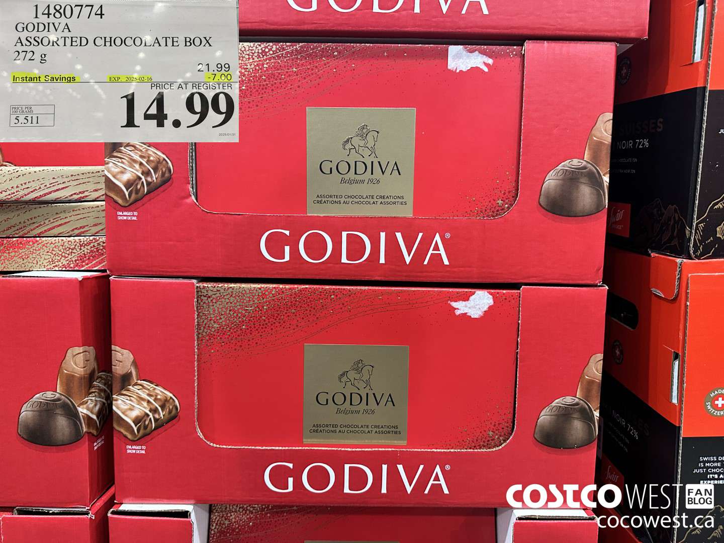 1480774 GODIVA ASSORTED CHOCOLATES 272 G ($7.00 INSTANT SAVINGS EXPIRES ON 2025-02-16) $14.99