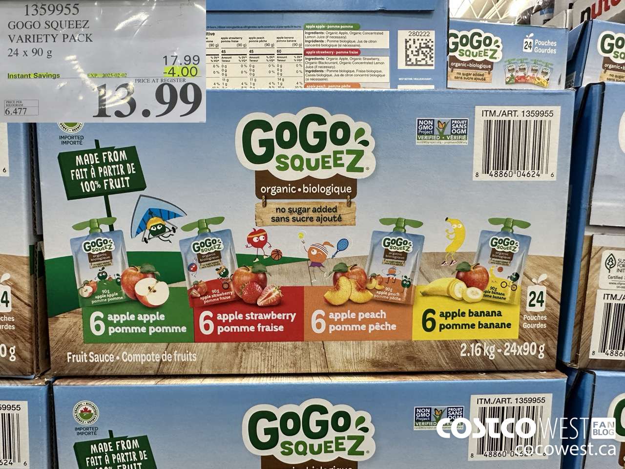 1359955 GOGO SQUEEZ ORGANIC VARIETY PACK 24 x 90g ($4.00 INSTANT SAVINGS EXPIRES ON 2025-02-02) $13.99