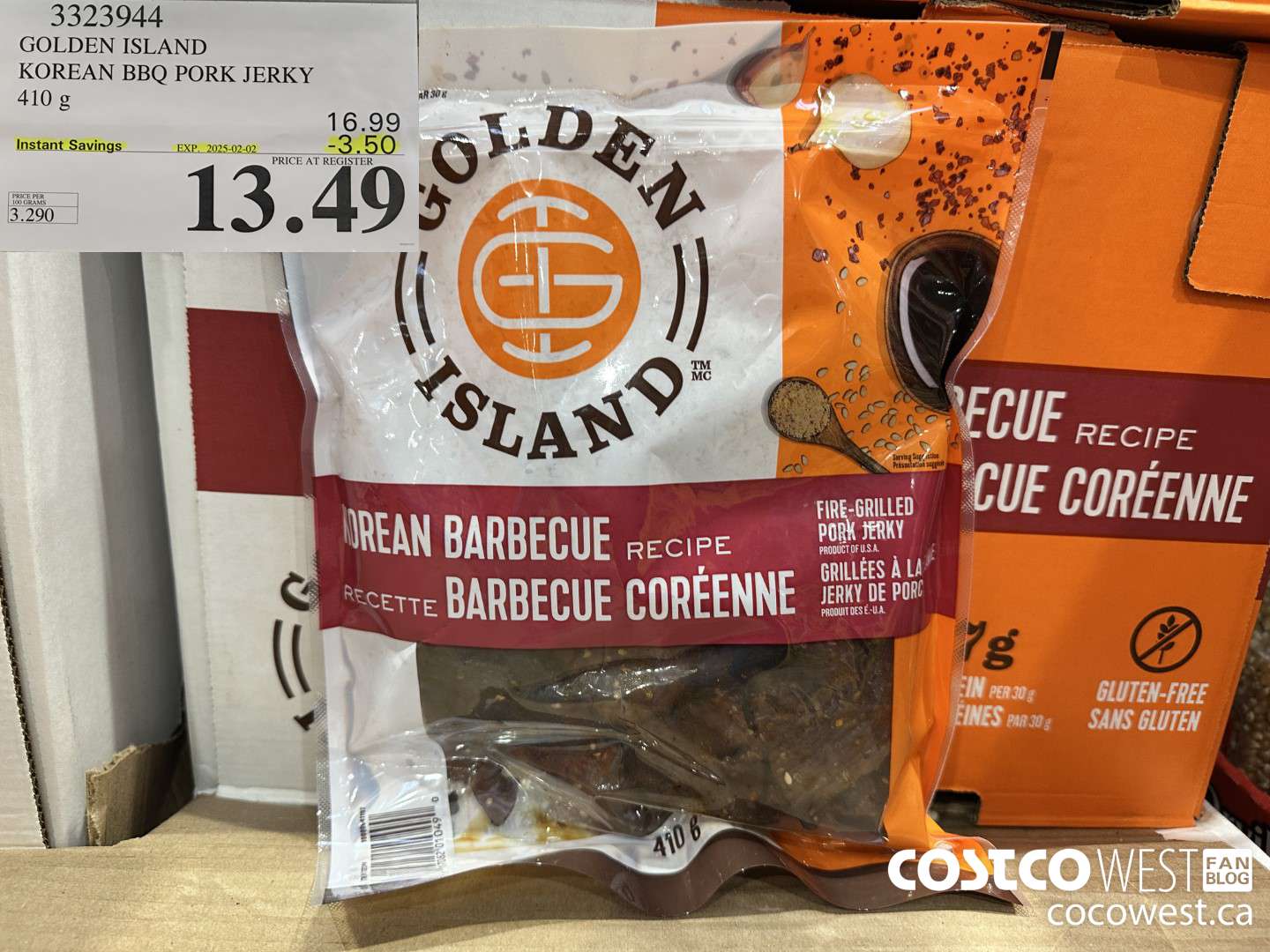 3323944 GOLDEN ISLAND KOREAN BBQ PORK JERKY 410G ($3.50 INSTANT SAVINGS EXPIRES ON 2025-02-02) $13.49
