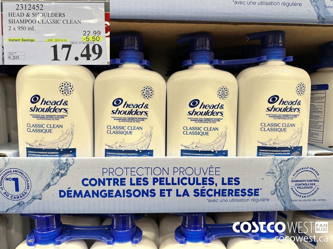 2312452 HEAD & SHOULDERS SHAMPOO CLASSIC CLEAN 2 X 950 ML ($5.50 INSTANT SAVINGS EXPIRES ON 2025-01-26) $17.49