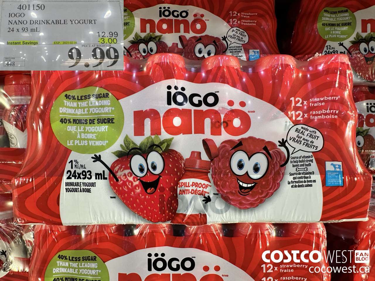 401150 IOGO NANO DRINKABLE YOGURT 24 x 93 mL ($3.00 INSTANT SAVINGS EXPIRES ON 2025-02-16) $9.99