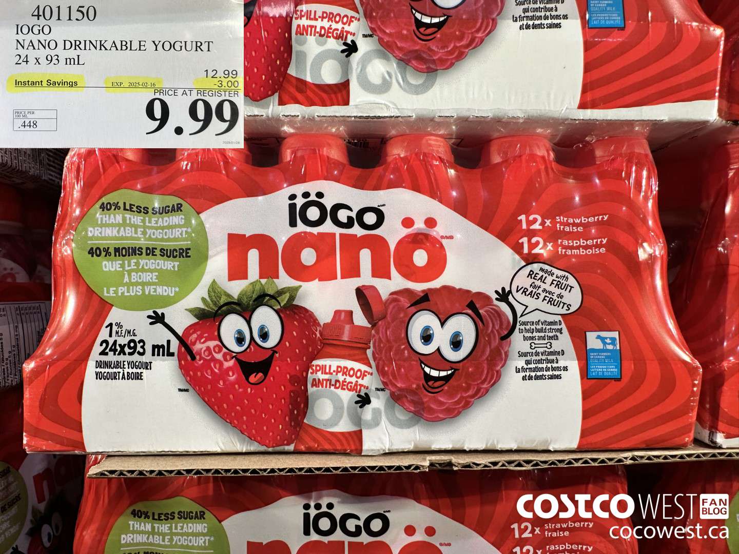 401150 IOGO NANO DRINKABLE YOGURT 24 x 93 mL ($3.00 INSTANT SAVINGS EXPIRES ON 2025-02-16) $9.99