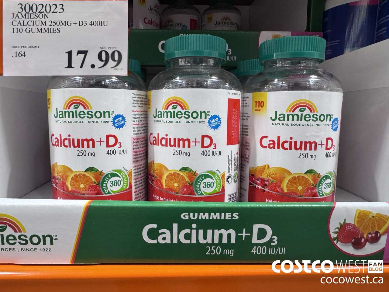 3002023 JAMIESON CALCIUM 250MG + D3 400IU 110 GUMMIES $17.99