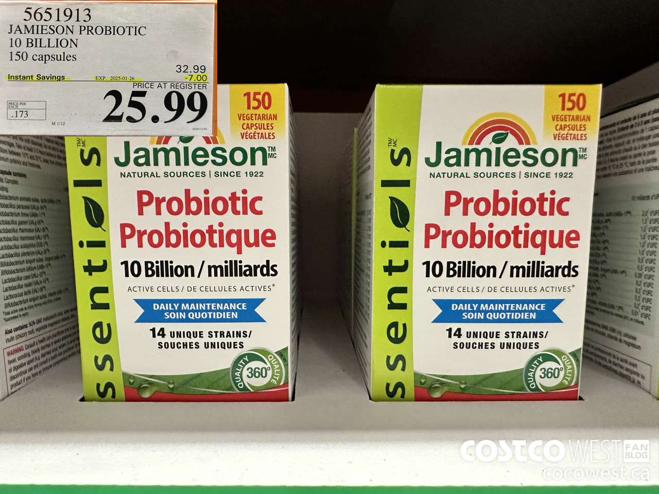 5651913 JAMIESON PROBIOTIC 10 BILLION 150 COUNT ($7.00 INSTANT SAVINGS EXPIRES ON 2025-01-26) $25.99
