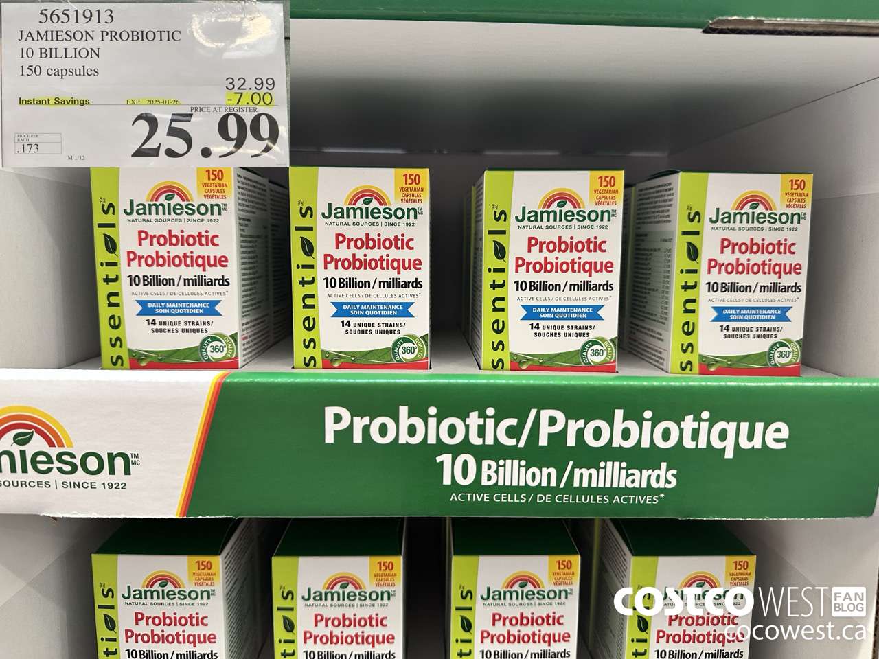 5651913 JAMIESON PROBIOTIC 10 BILLION 150 COUNT ($7.00 INSTANT SAVINGS EXPIRES ON 2025-01-26) $25.99