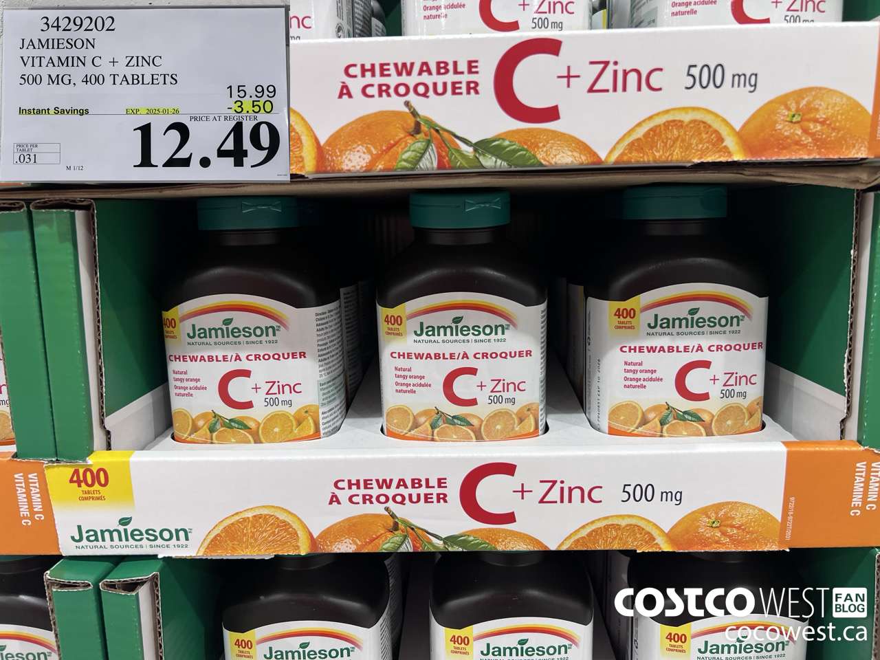3429202 JAMIESON VITAMIN C+ZINC 500MG 400 TABLET ($3.50 INSTANT SAVINGS EXPIRES ON 2025-01-26) $12.49