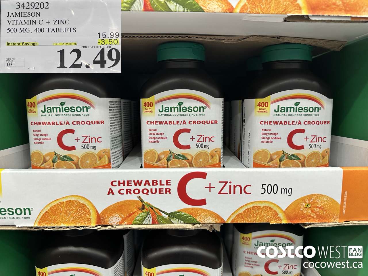 3429202 JAMIESON VITAMIN C+ZINC 500MG 400 TABLET ($3.50 INSTANT SAVINGS EXPIRES ON 2025-01-26) $12.49