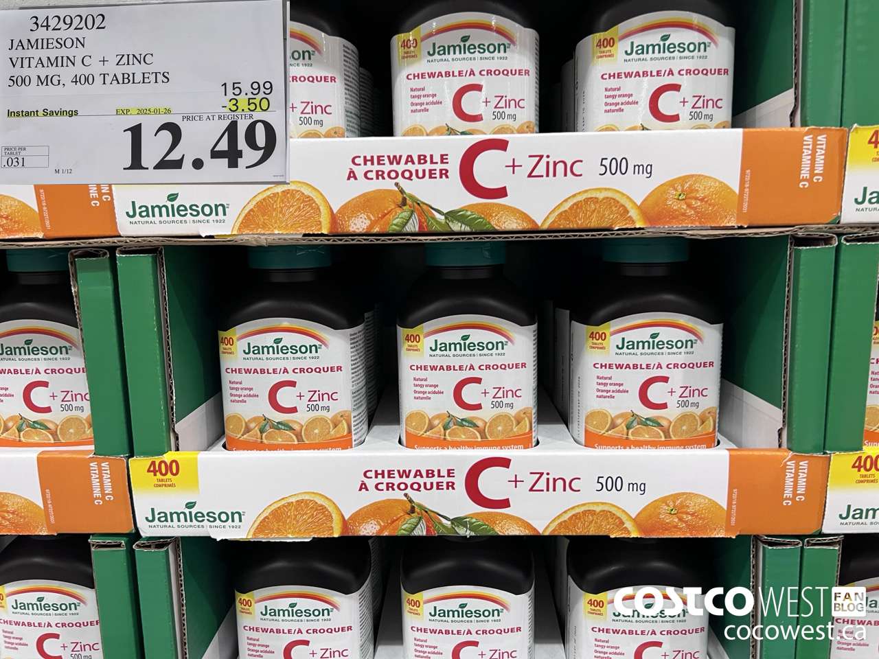 3429202 JAMIESON VITAMIN C+ZINC 500MG 400 TABLET ($3.50 INSTANT SAVINGS EXPIRES ON 2025-01-26) $12.49