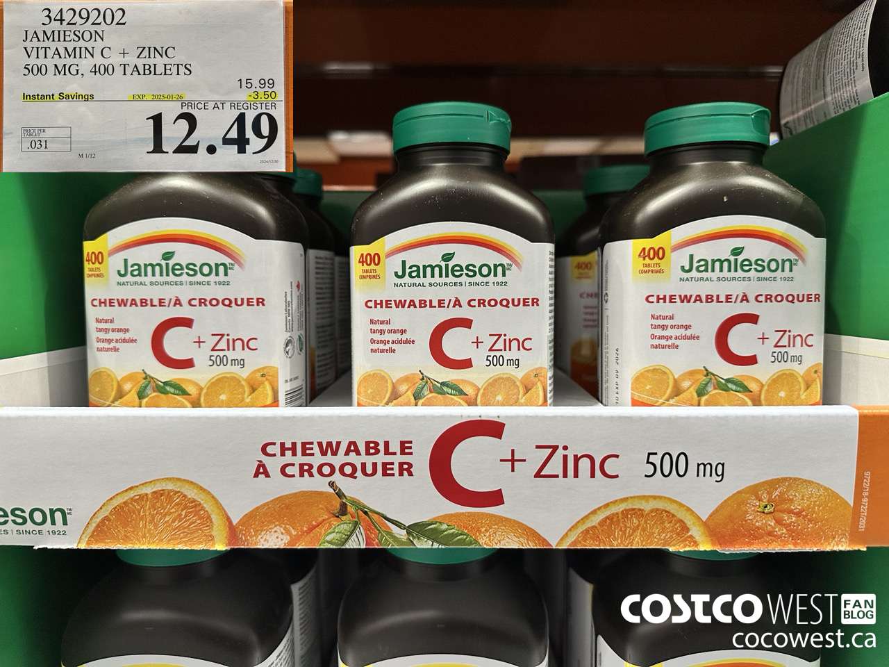 3429202 JAMIESON VITAMIN C+ZINC 500MG 400 TABLET ($3.50 INSTANT SAVINGS EXPIRES ON 2025-01-26) $12.49