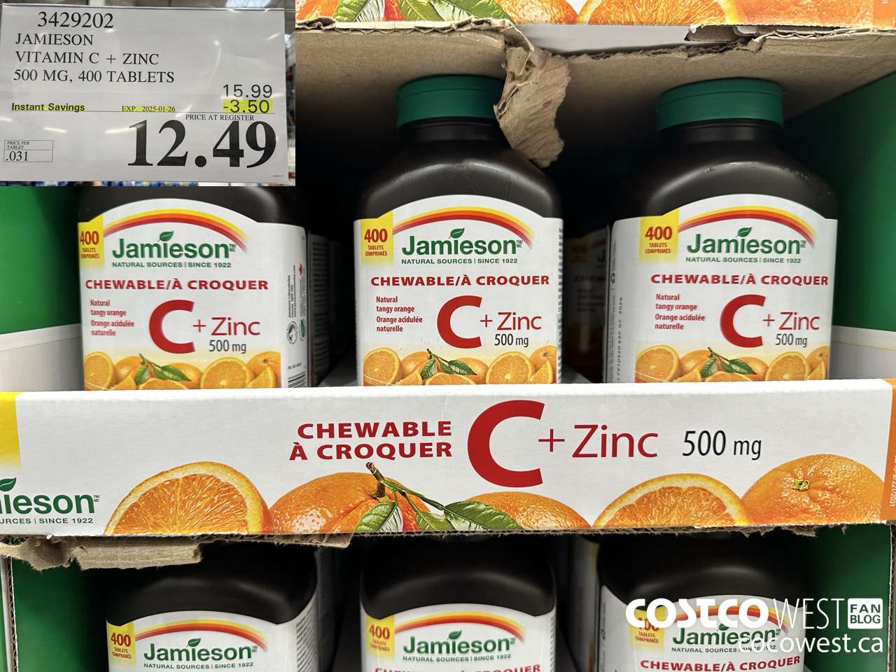 3429202 JAMIESON VITAMIN C+ZINC 500MG 400 TABLET ($3.50 INSTANT SAVINGS EXPIRES ON 2025-01-26) $12.49