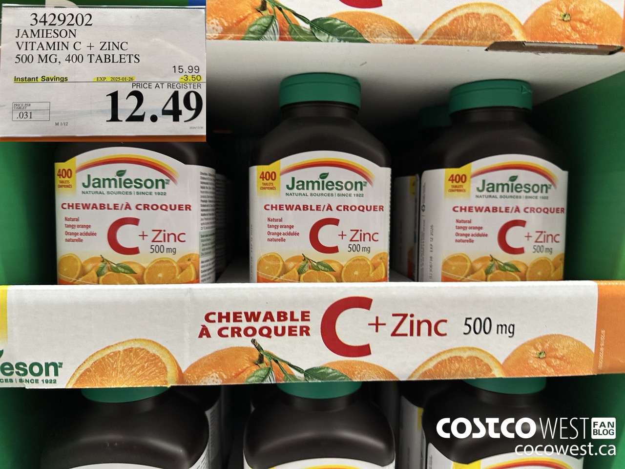 3429202 JAMIESON VITAMIN C+ZINC 500MG 400 TABLET ($3.50 INSTANT SAVINGS EXPIRES ON 2025-01-26) $12.49