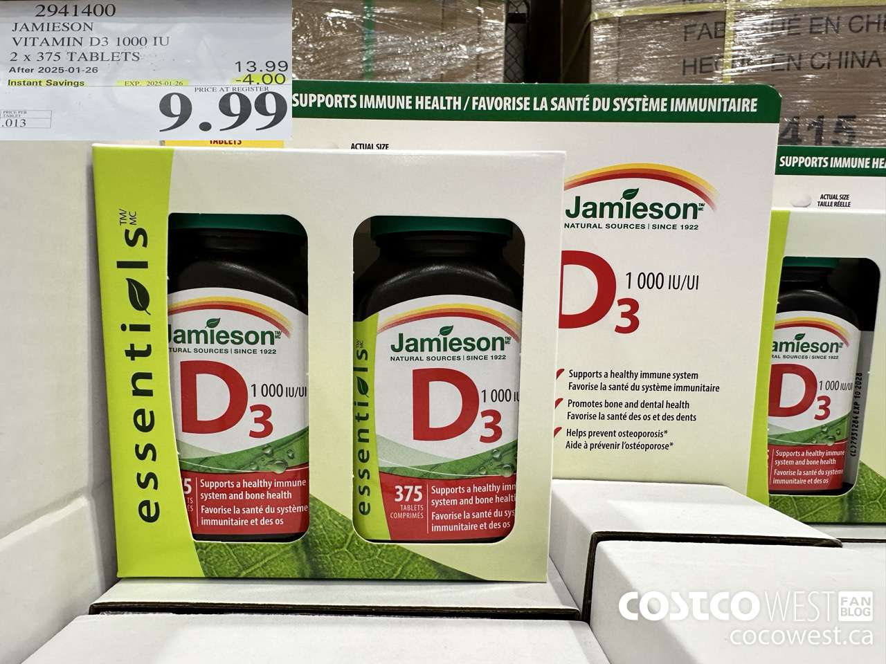 2941400 JAMIESON VITAMIN D3 1000IU 2X375 TABLETS ($4.00 INSTANT SAVINGS EXPIRES ON 2025-01-26) $9.99