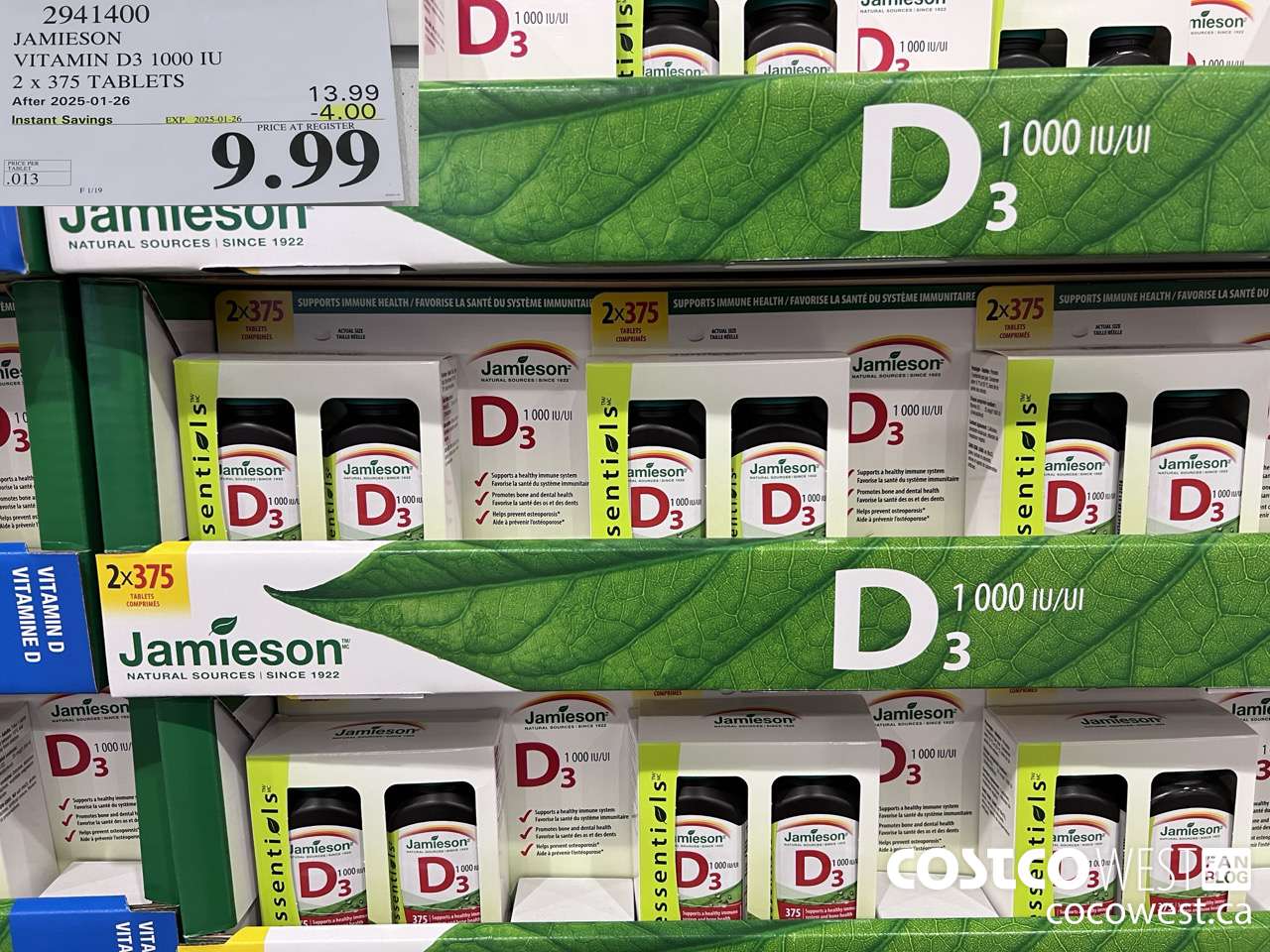 2941400 JAMIESON VITAMIN D3 1000IU 2X375 TABLETS ($4.00 INSTANT SAVINGS EXPIRES ON 2025-01-26) $9.99
