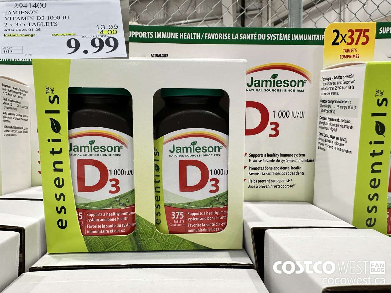 2941400 JAMIESON VITAMIN D3 1000IU 2X375 TABLETS ($4.00 INSTANT SAVINGS EXPIRES ON 2025-01-26) $9.99