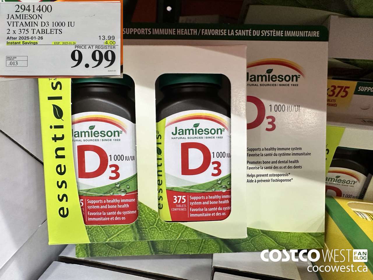 2941400 JAMIESON VITAMIN D3 1000IU 2X375 TABLETS ($4.00 INSTANT SAVINGS EXPIRES ON 2025-01-26) $9.99