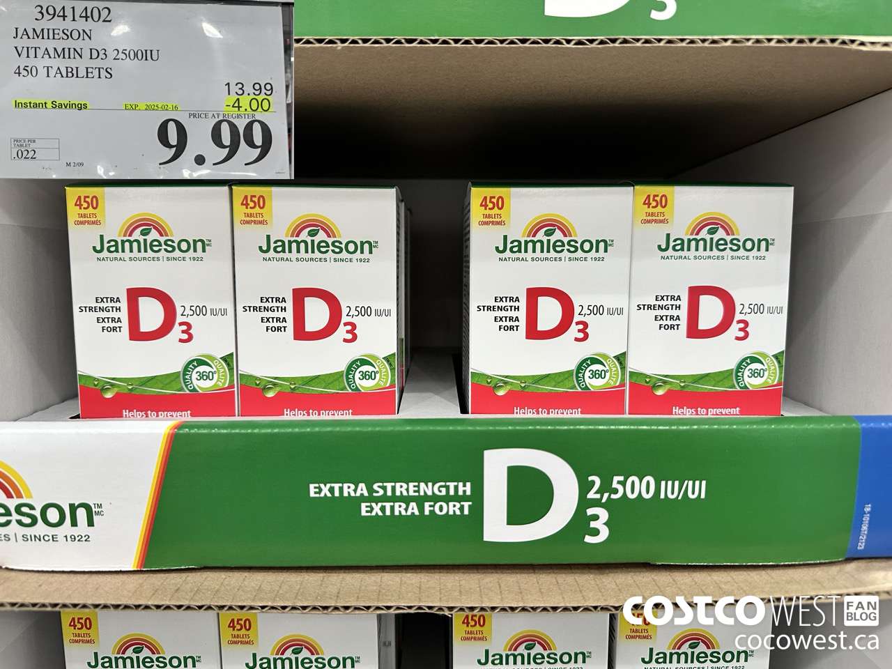 3941402 JAMIESON VITAMIN D3 2500IU 450 TABLETS ($4.00 INSTANT SAVINGS EXPIRES ON 2025-02-16) $9.99